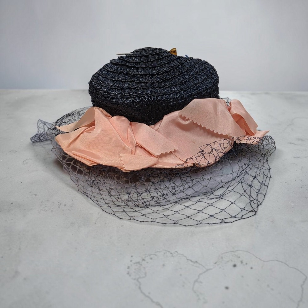 Vintage 50s Navy Straw Pillbox Hat Peach Ribbon Birdcage Veil Gold Hat Pins
